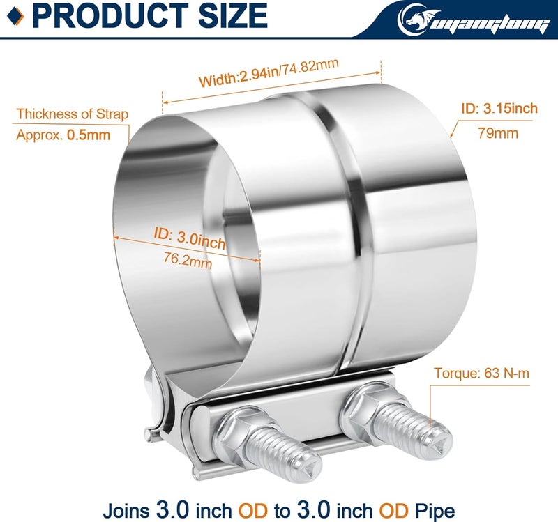 ouyanglong 3.0 Inch Exhaust Clamp, Lap Joint Band Clamp 304 Stainless Steel for Pipes,Mufflers,Catalytic Converters - 2 Pack - Image 2